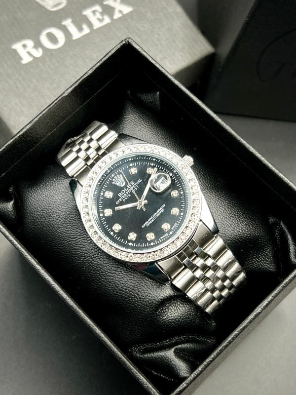 Rolex Quartz Stylish Stone Watch Adjustable Silver Chain Style Strap