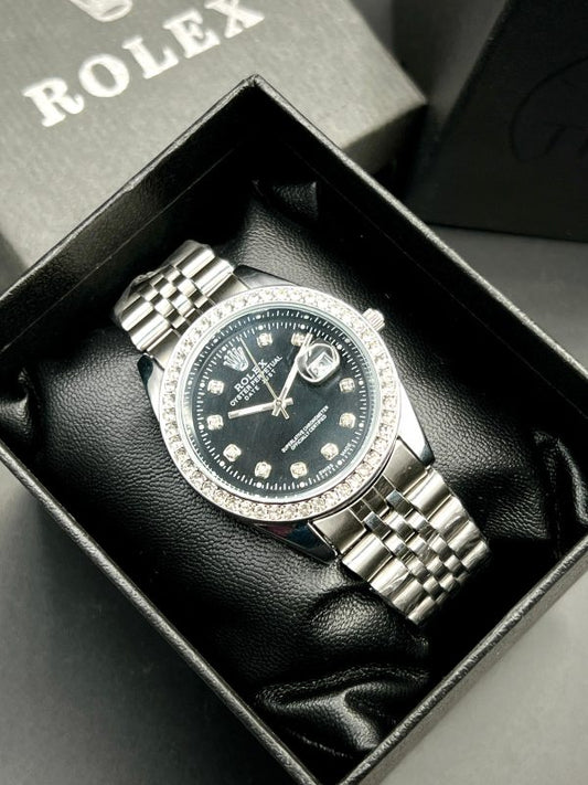 Rolex Quartz Stylish Stone Watch Adjustable Silver Chain Style Strap